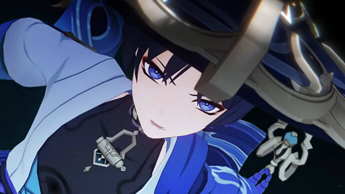 Genshin Impact Wanderer build: Um jovem de anime com cabelo preto e olhos violeta olha para frente com um olhar de determinação