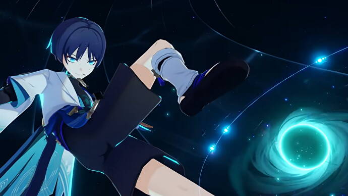 Genshin Impact Wanderer build: Um jovem de anime com cabelo preto e olhos violeta se prepara para pisar em um vórtice verde brilhante