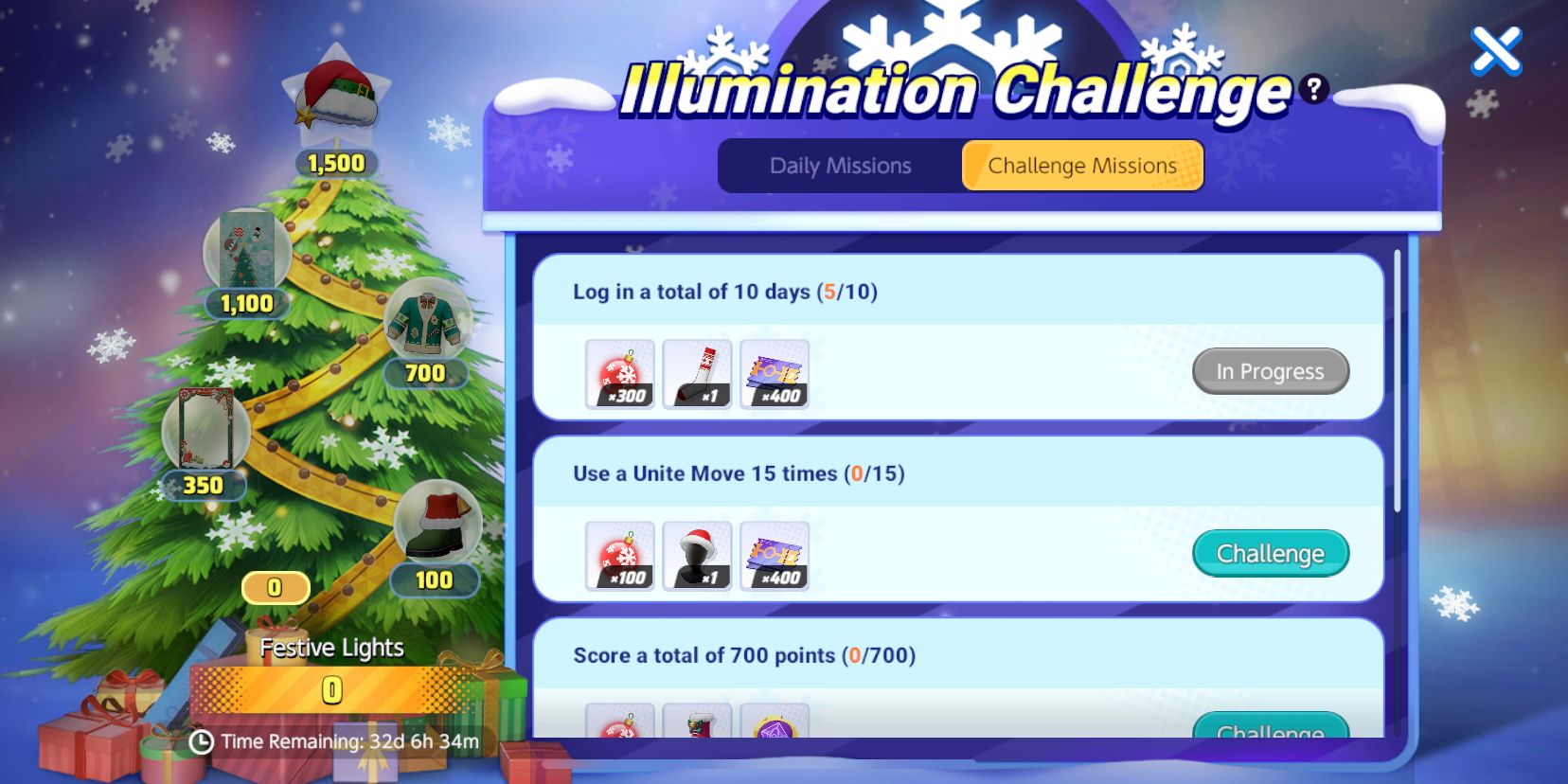 Tela do evento Pokemon Unite Illumination Challenge mostrando diferentes desafios e recompensas do evento
