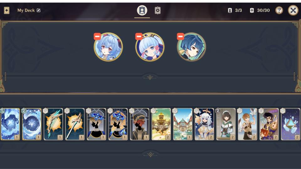 Uma amostra do deck Genius Invokation TCG com Ganyu, Ayaka e Xingqiu. Este deck conta com a reação Freeze e apresenta Ganyu e Ayaka como os principais causadores de danos. (Fotos: HoYoverse)