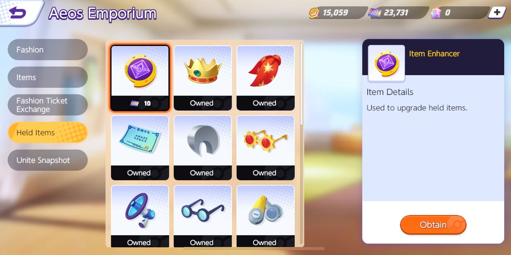 O Pokémon Unite Aeos Emporium Shop, com itens Enhancers selecionados