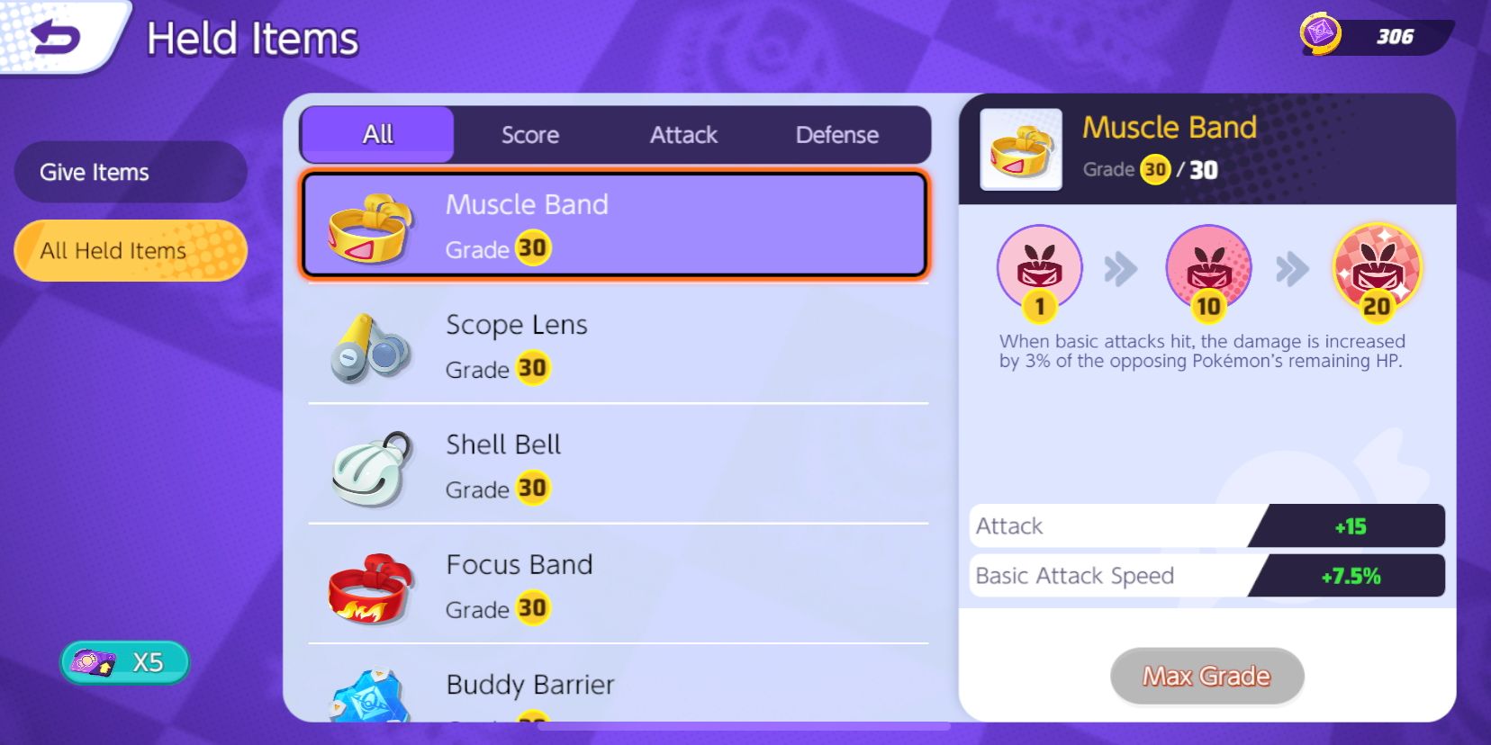 Tela de seleção de item segurado do Pokemon Unite, com Muscle Band selecionado