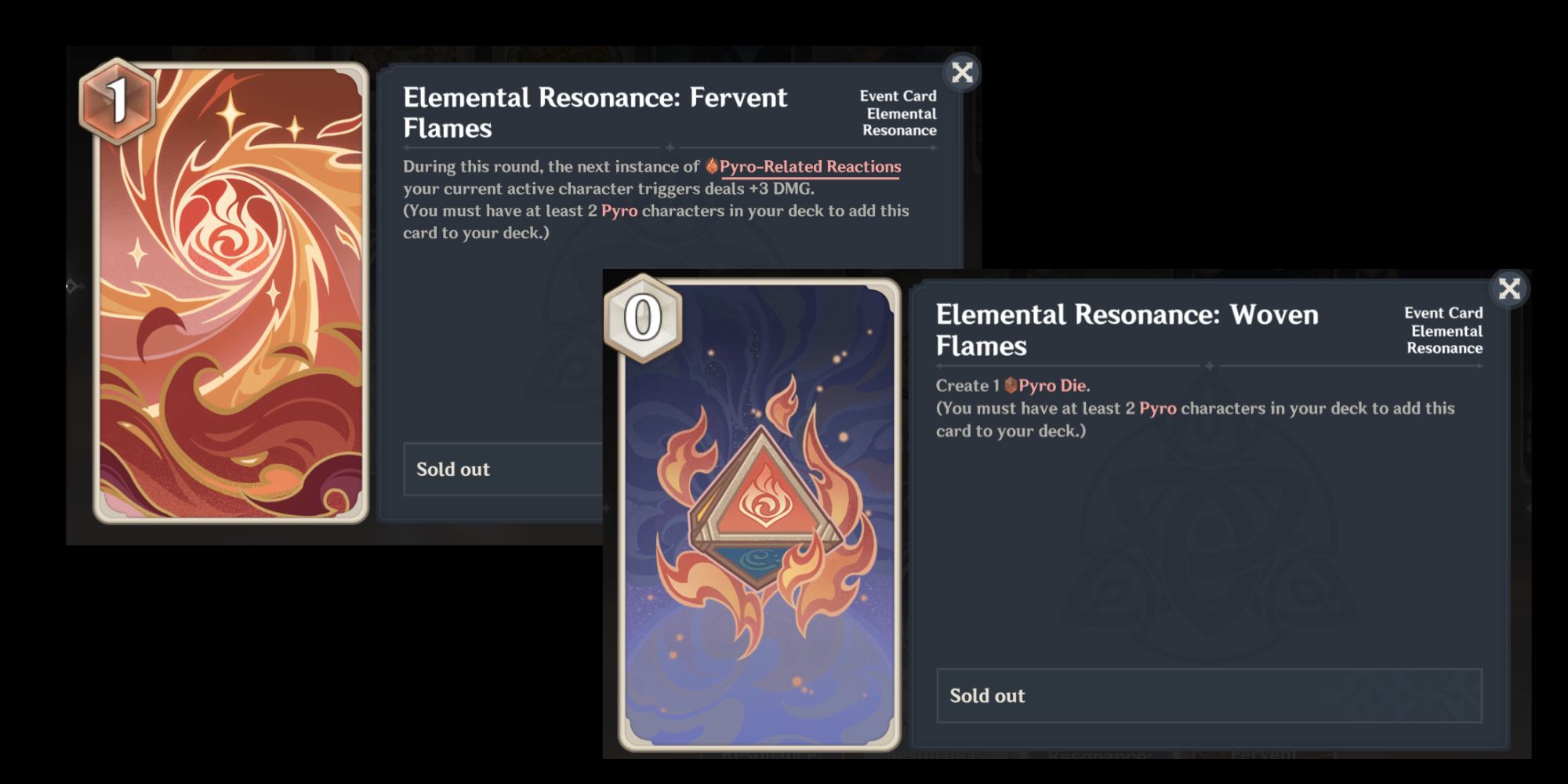 Cartões de ressonância elementar TCG de invocação de gênio de impacto de Genshin