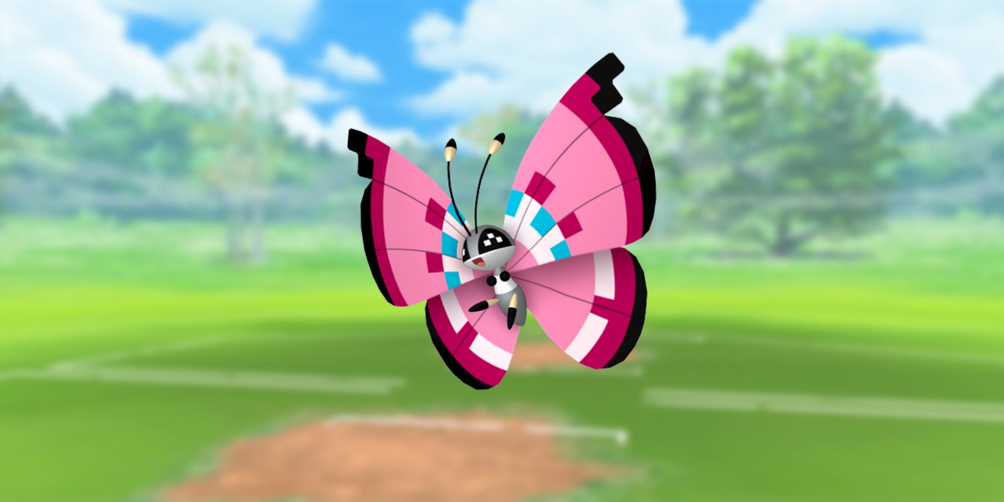 Vivillon de Pokémon com o campo de batalha de Pokémon Go como pano de fundo