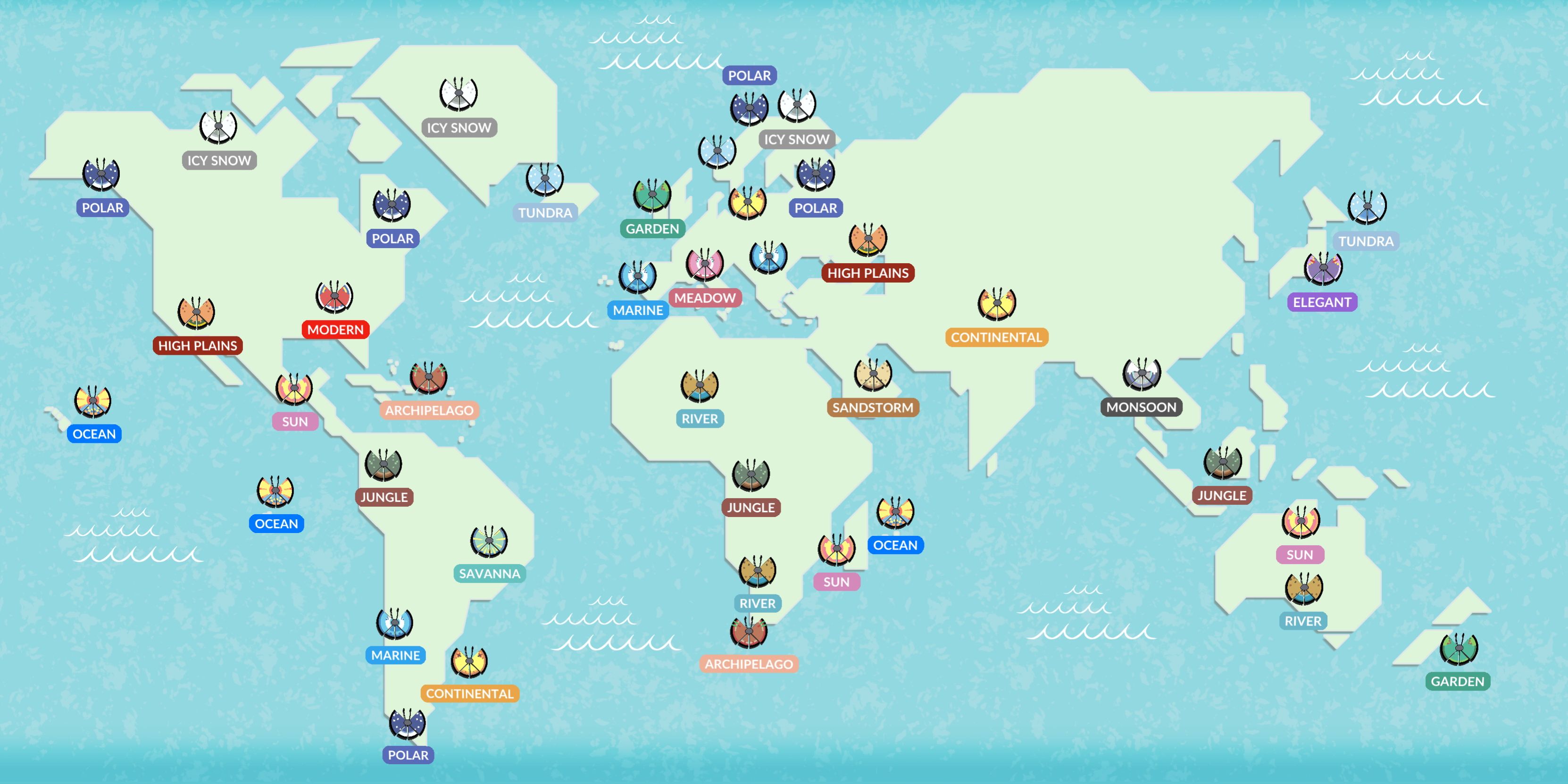 Um mapa mostrando diferentes padrões de Vivillon em diferentes regiões do mundo