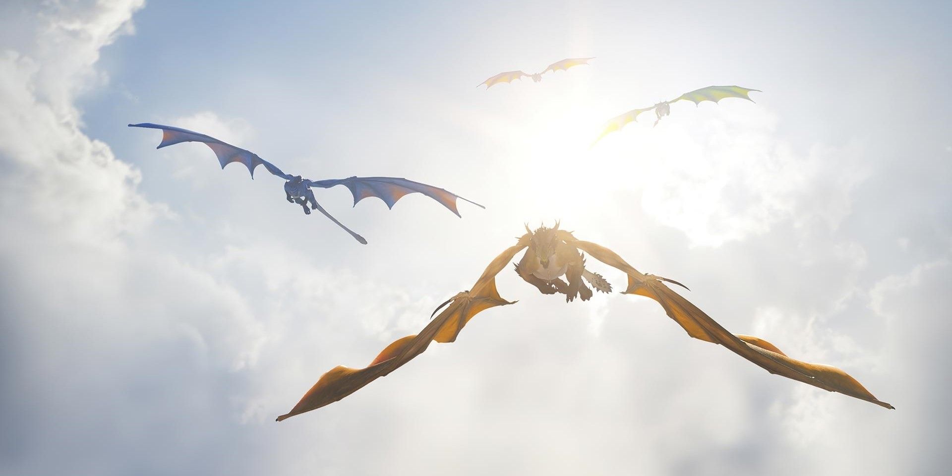 Quatro Drakes voando no céu na expansão Dragonflight de World of Warcraft