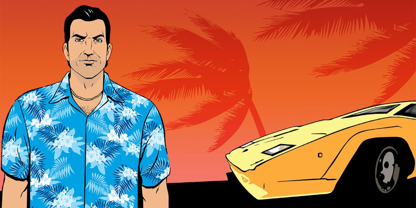 Imagem estilo desenho animado GTA de personagem voltado para a câmera com carro estilo lambo amarelo à direita