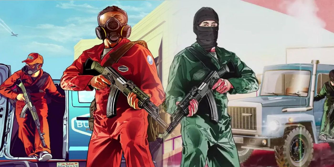 GTA e The Snitch Cartel Origins Arte dividida personagem de imagem segurando armas usando máscaras de assalto e máscaras de gás
