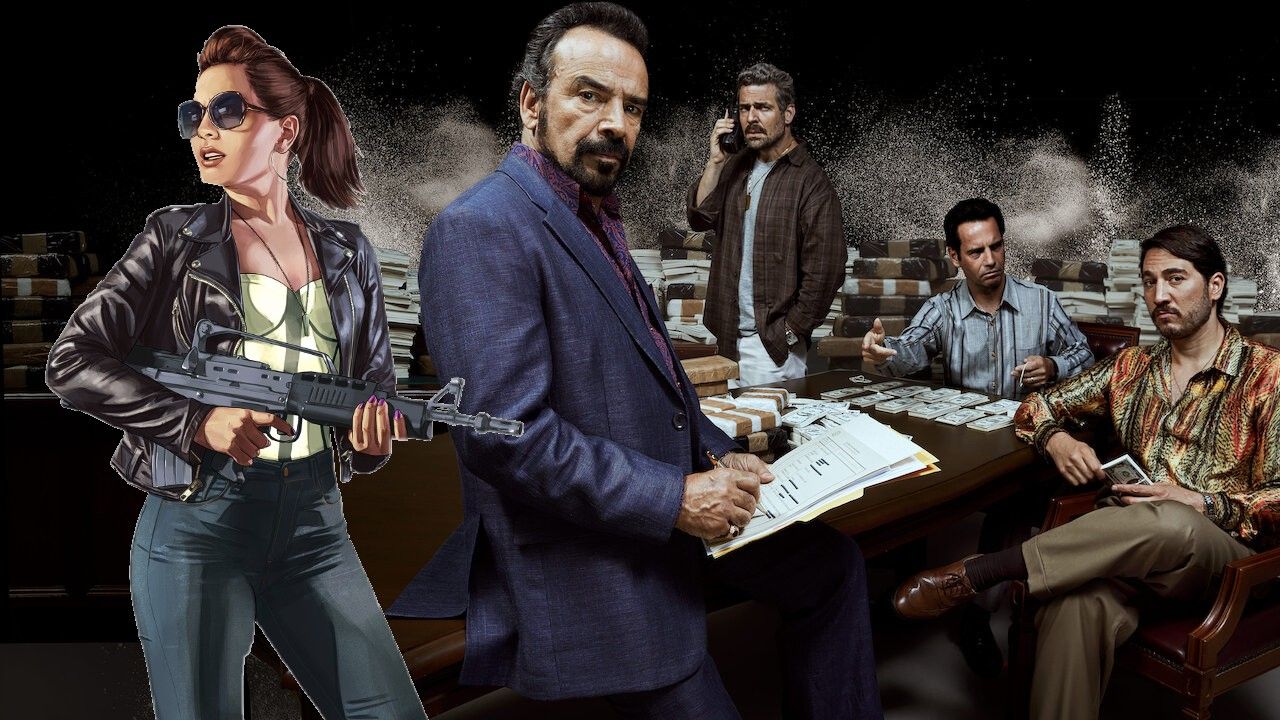 4 membros do elenco de Narcos em torno de uma mesa, um segura um livro de registro, ao lado de uma mulher GTA em uma jaqueta de couro segurando uma arma.