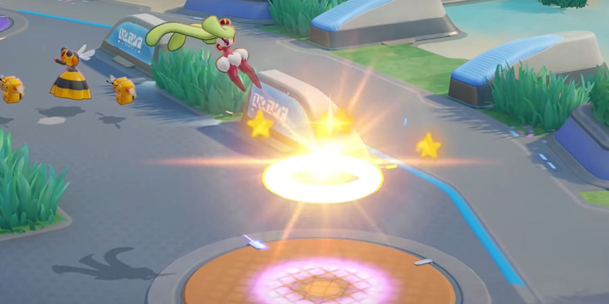 Tsareena marcando um gol no Pokémon Unite