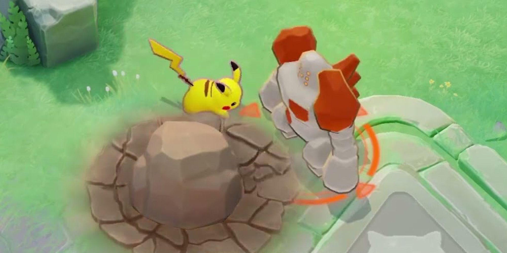 Pikachu atacando um regirock no pokemon unite