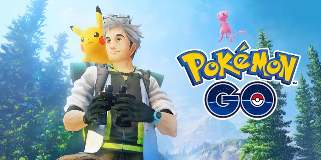 Professor Willow com Pikachu no ombro com Mew e o logotipo do Pokemon Go à direita