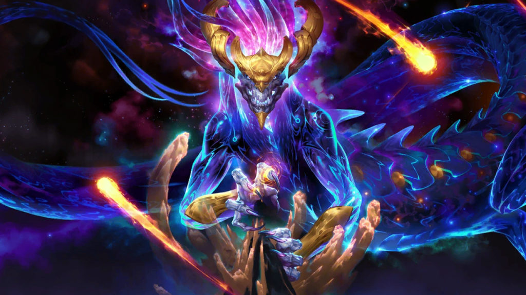 O campeão da liga Aurelion Sol paira sobre a montanha com estrelas ao seu redor.