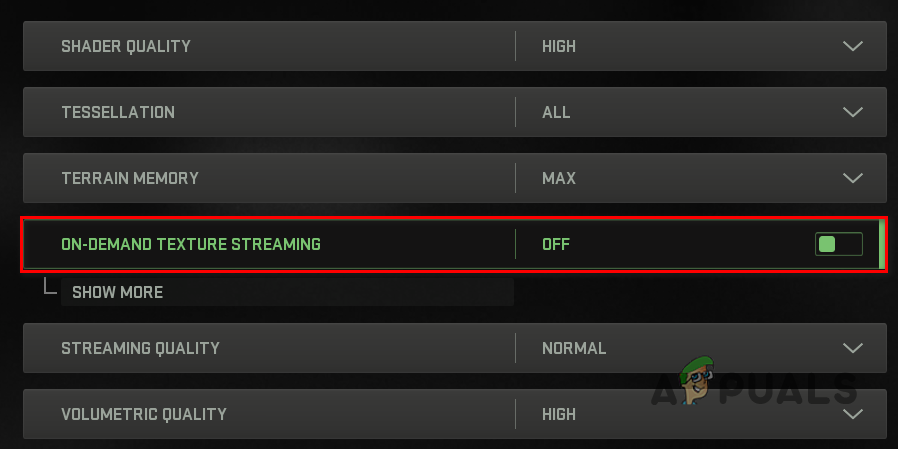Desativando o streaming de textura sob demanda