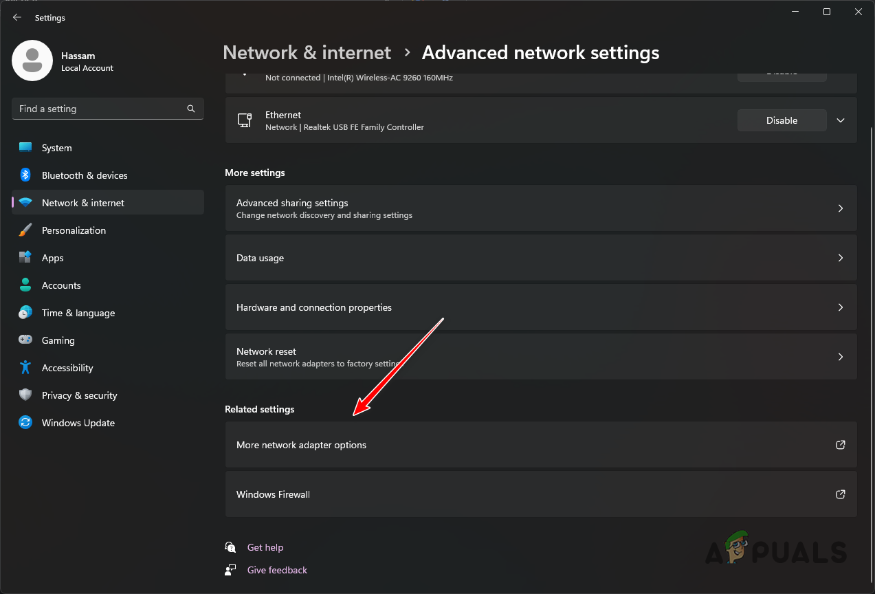 Navegando para as opções do adaptador de rede