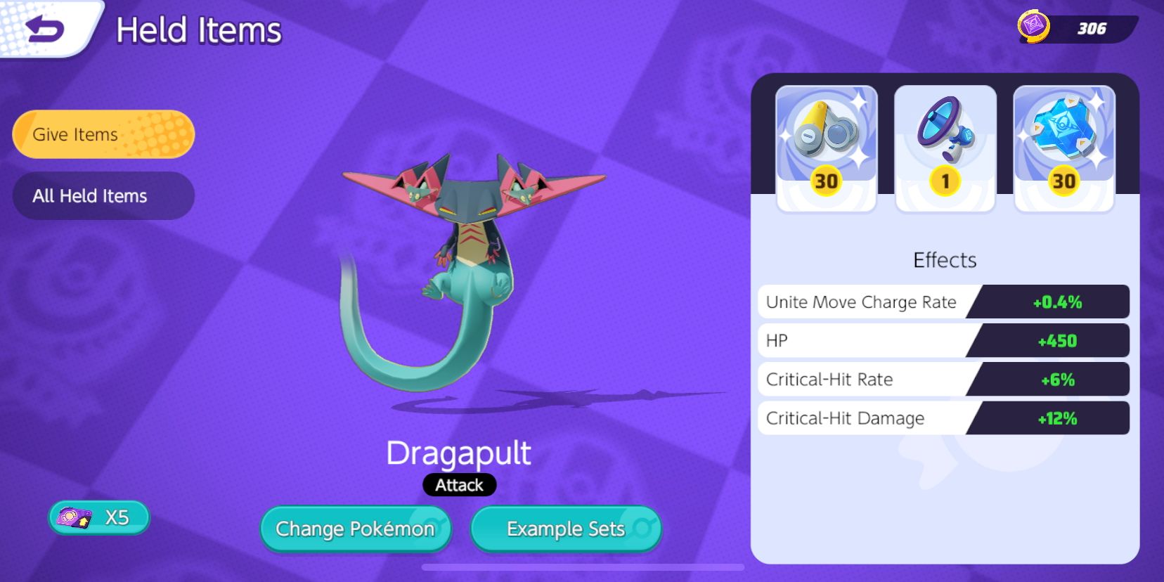 Tela de seleção Dragapult Held Item do Pokemon Unite, com Scope Lens, Energy Amp e Buddy Barrier