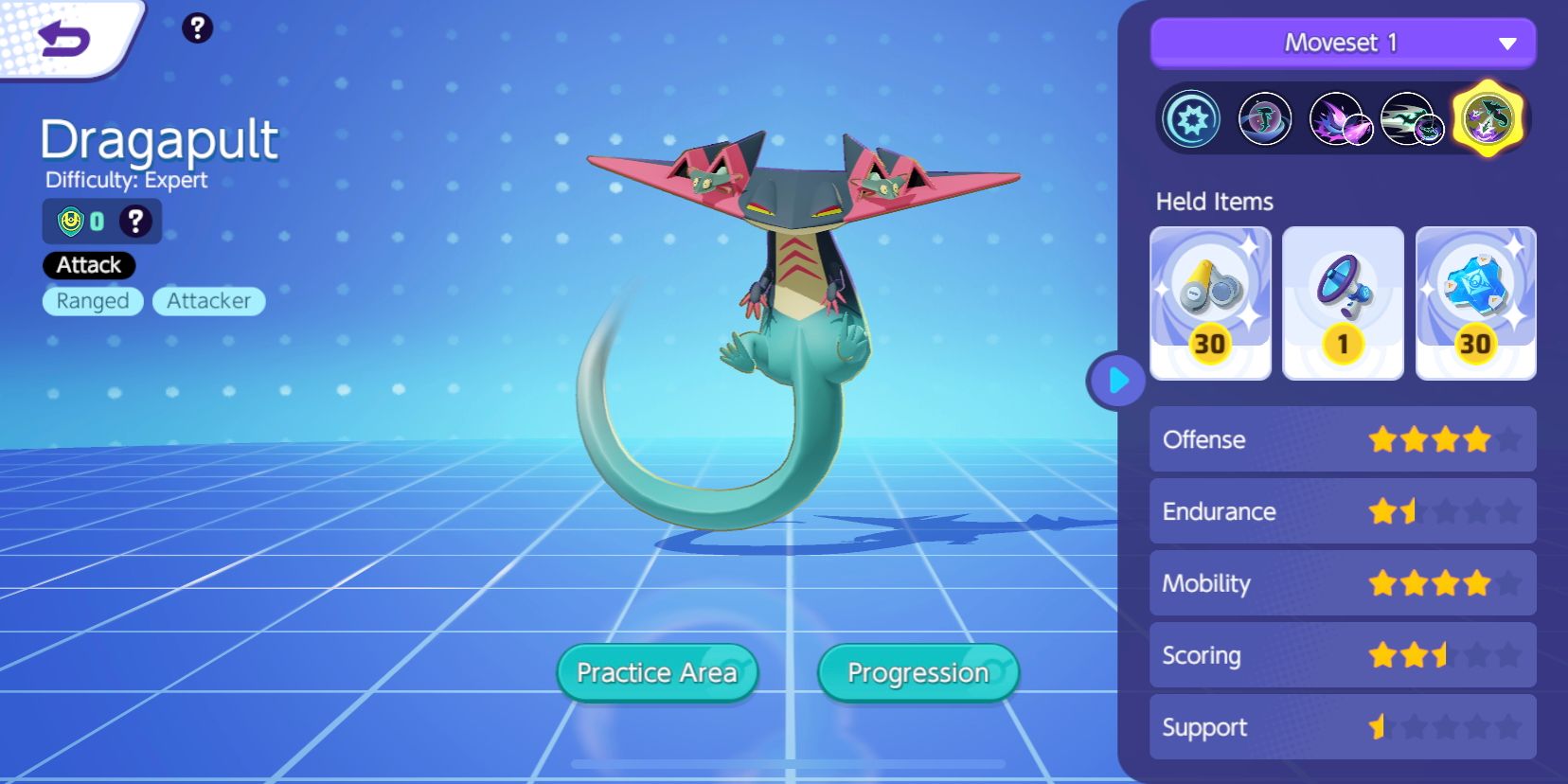 Dragapult da tela de seleção Pokemon Unite Pokemon, mostrando suas estatísticas e itens retidos
