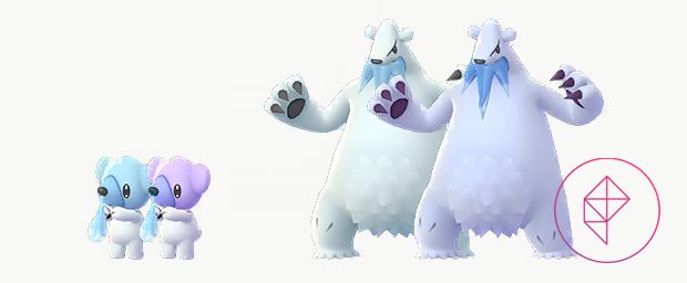 Shiny Cubchoo and Beartic with its normal forms. Shiny Cubchoo is a light purple and Shiny Beartic is more blue.