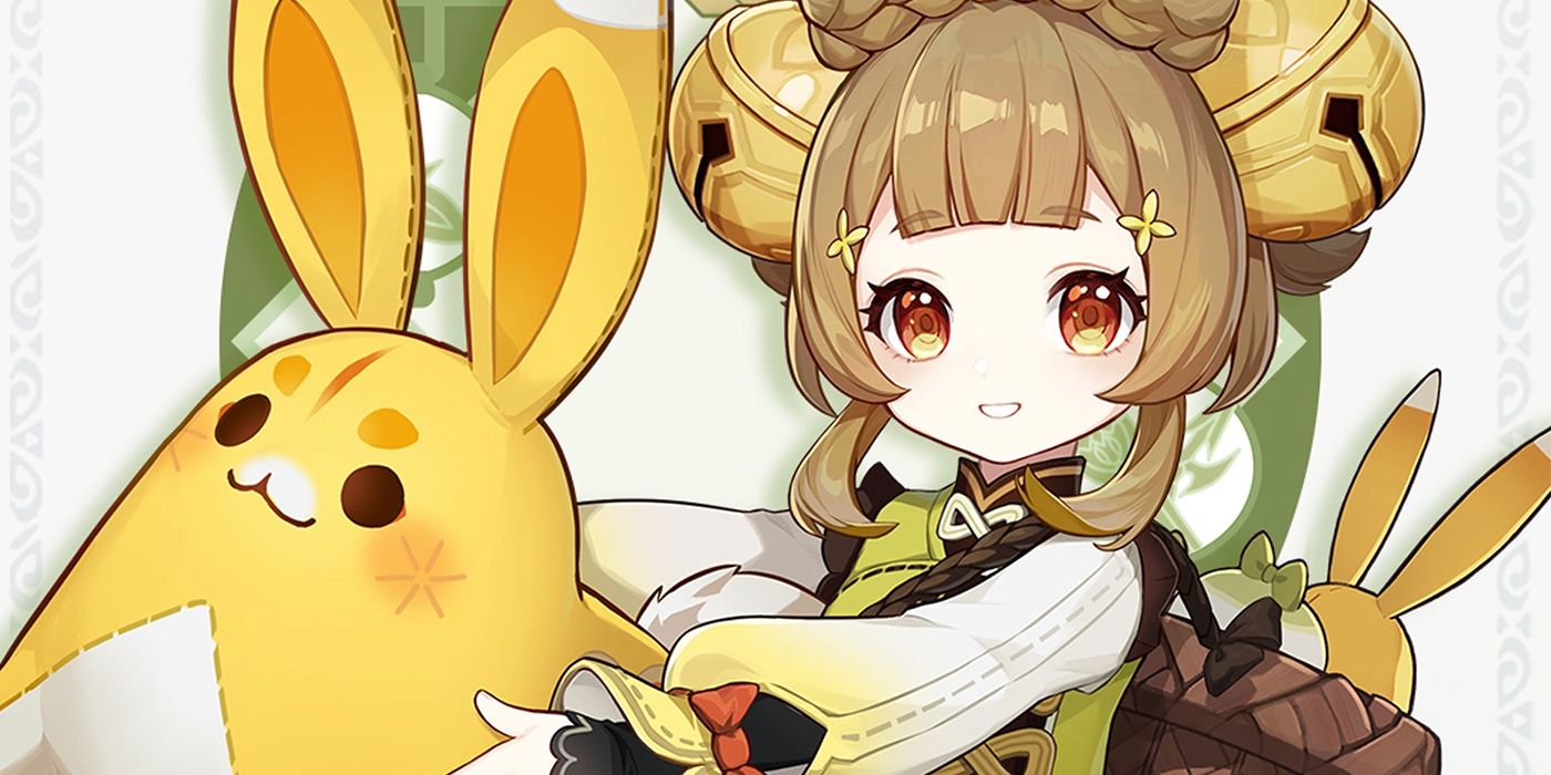 Genshin Impact's Yaoyao holding a yellow bunny stuffed animal.