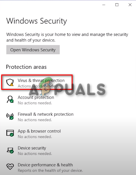 Abrindo as configurações de proteção contra vírus e ameaças