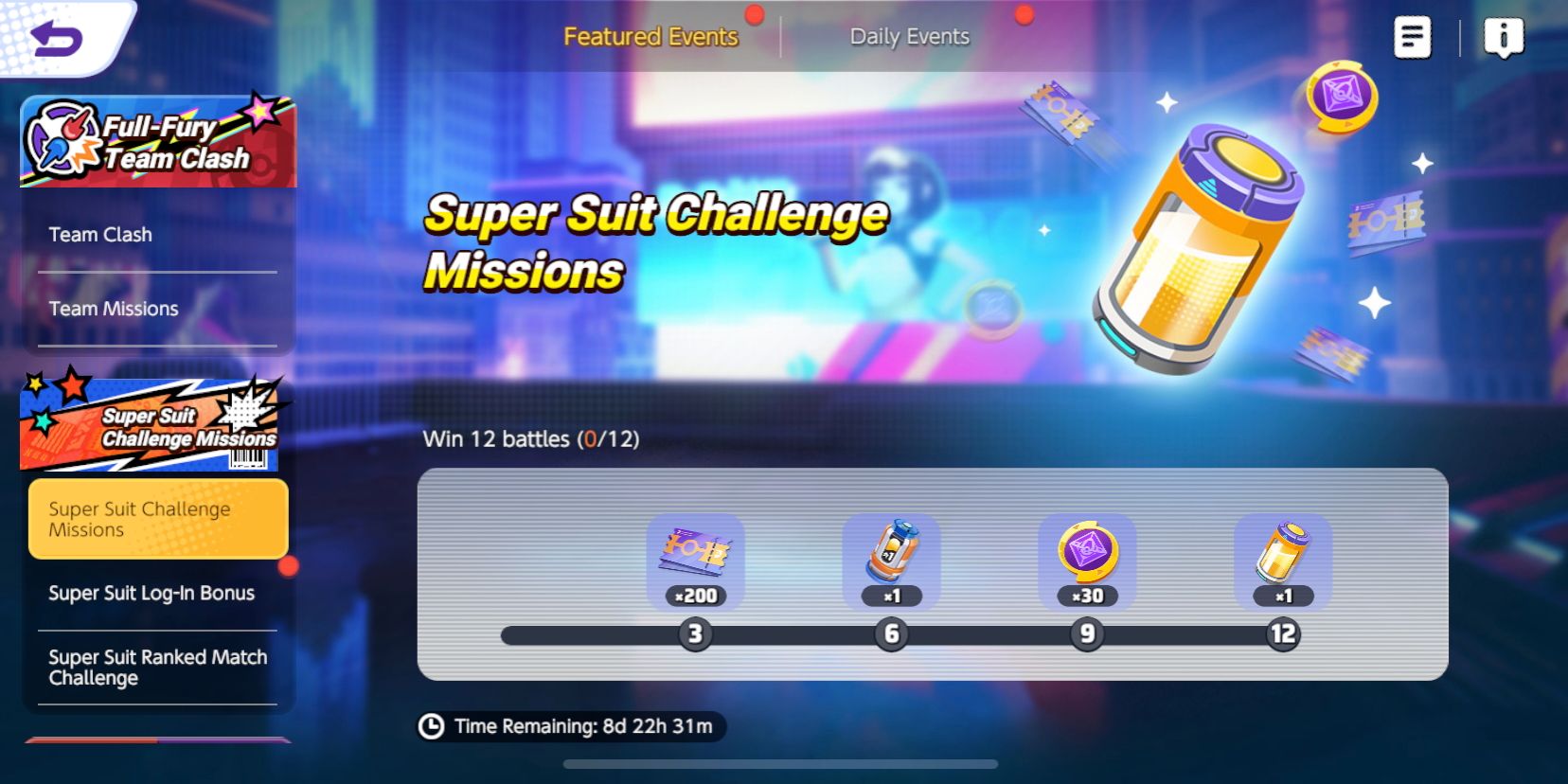 A tela Super Suit Challenge Missions mostrando as quatro diferentes recompensas do evento