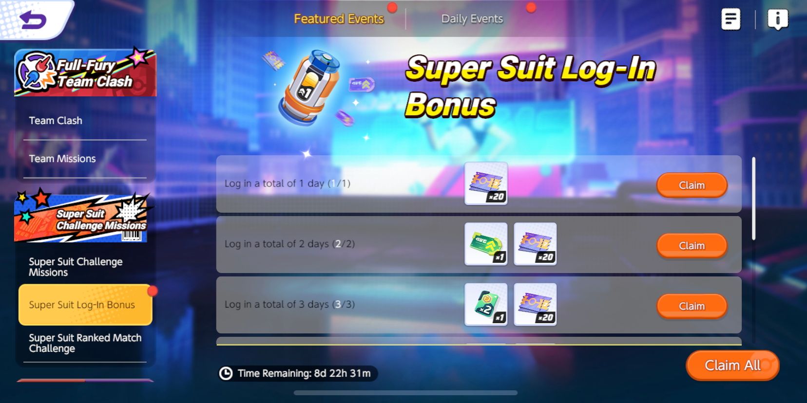 A tela Super Suit Log-In Bonus do Pokemon Unite, mostrando diferentes recompensas de login
