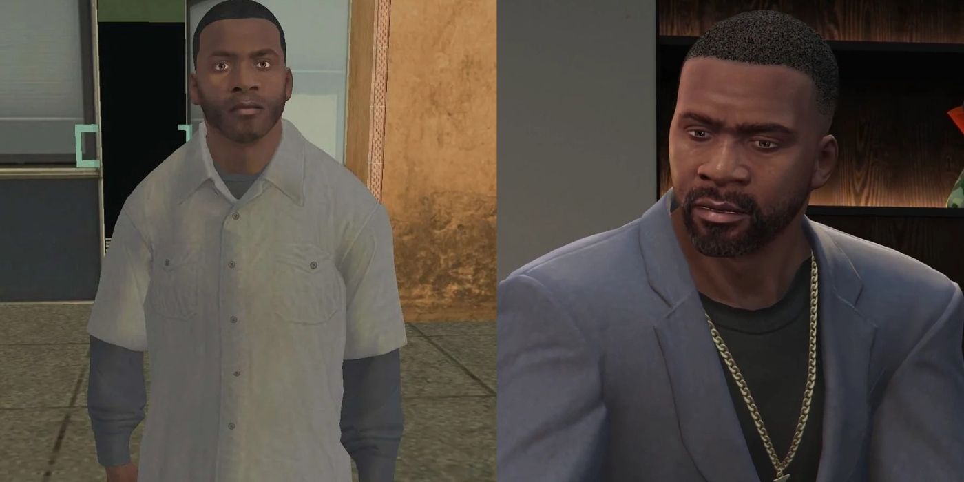 Franklin stands on the street and wears a gold chain indoors in Grand Theft Auto V