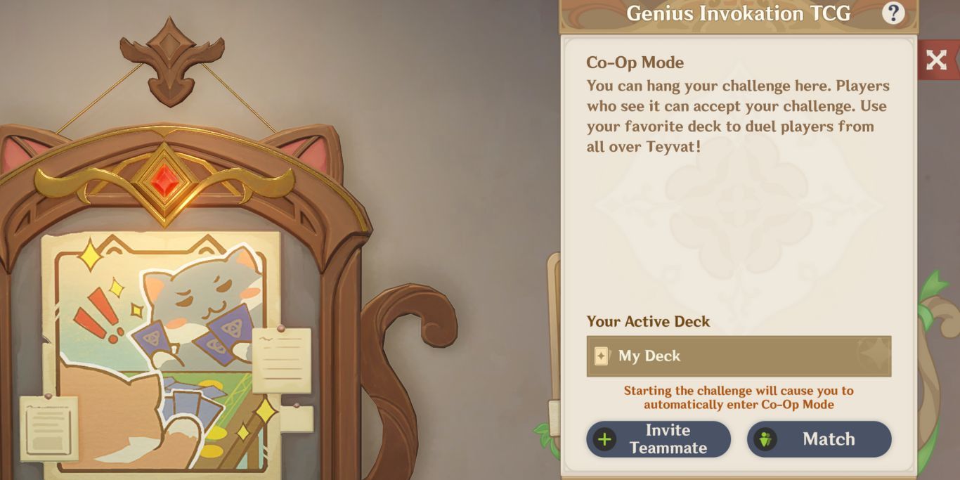 Interface do modo cooperativo Genshin Impact TCG