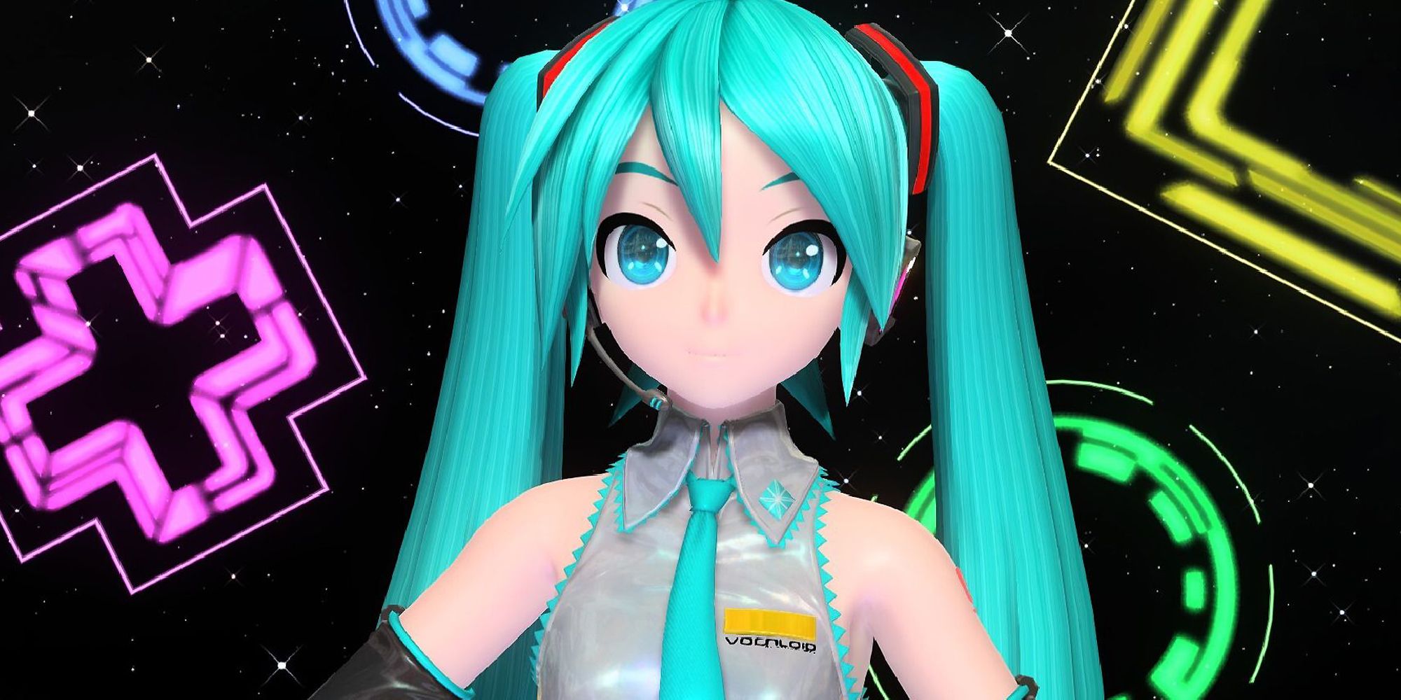 Hatsune Miku canta na frente de cruzes, círculos, quadrados e muito mais no Projeto Diva Megamix+.