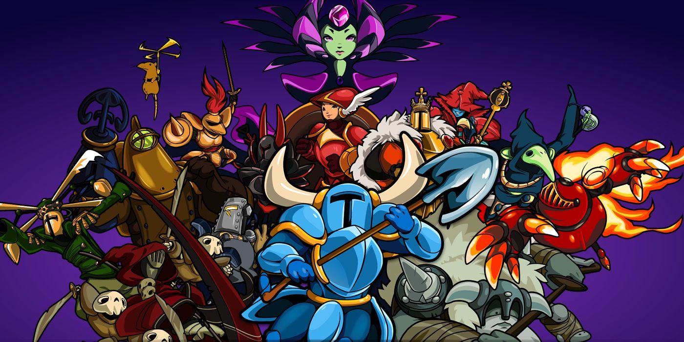 Arte de Shovel Knight com todos os personagens e inimigos agrupados em um fundo roxo