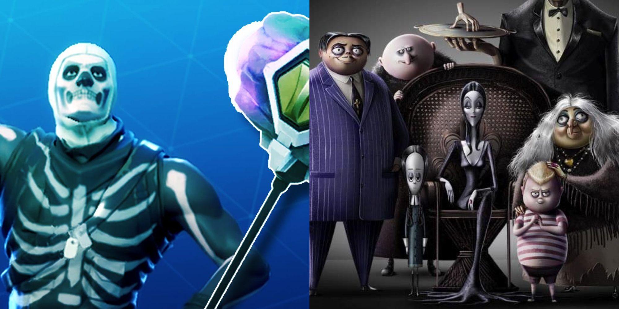 pele de esqueleto fortnite e martelo de ondas de choque ao lado do filme da Família Addams 