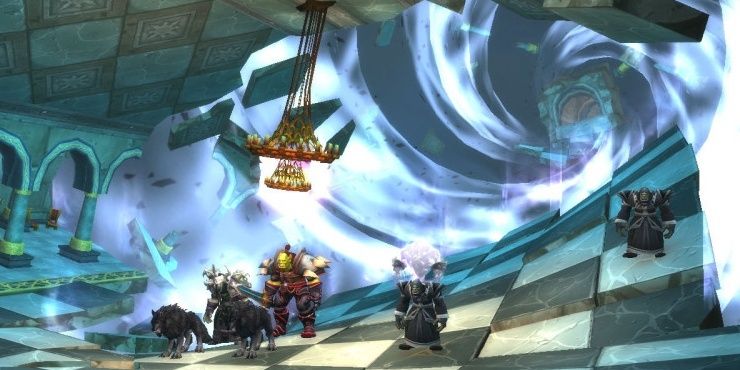 Vários NPCs parados em um corredor distorcido no videogame World of Warcraft