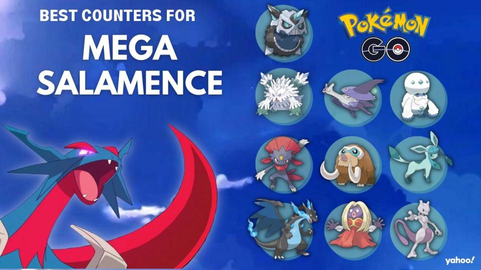 Os melhores counters para Mega Salamence são (da esquerda para a direita): Mega Glalie, Mega Abomasnow, Mega Latios, Darmanitan, Weavile, Mamoswine, Glaceon, Mega X Charizard, Jynx e Mewtwo.(Foto: Niantic, OLM, Inc.)
