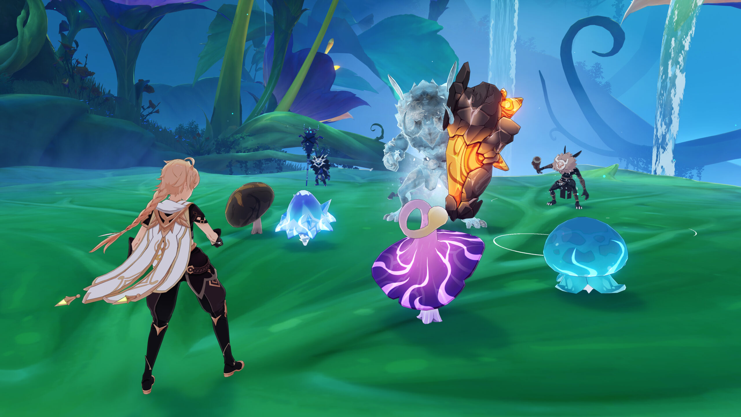 O Viajante luta contra seus inimigos no evento Fabulous Fungus Frenzy via Genshin Impact (2020), miHoYo