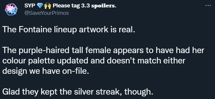 SaveYourPrimos insiste que vazamentos recentes de modelos de personagens e arte supostamente de personagens da próxima região de Fontaine em Genshin Impact são reais via Twitter