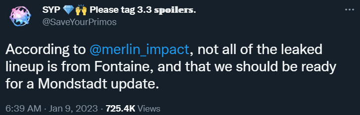 SaveYourPrimos compartilha a afirmação de merlin_impact de que nem todos os personagens do vazamento de Genshin Impact Fontaine serão realmente daquela região, e alguns virão de uma suposta atualização para Mondstadt via Twitter