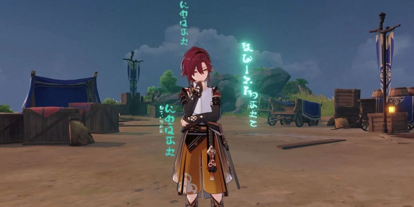 Heizou, do Genshin Impact, pensa com a mão direita no queixo, enquanto está parado no meio de um acampamento de Fatui. Ao lado dele estão as palavras fictícias de Genshin, representando seus pensamentos.