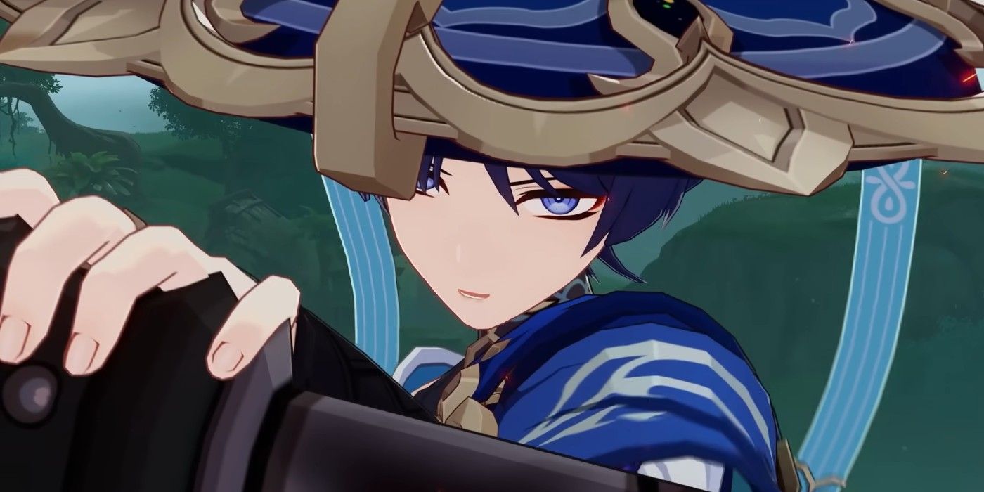Genshin Impact Wanderer segurando sua arma