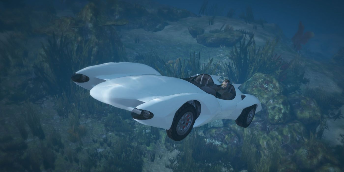GTA Online Scramjet Car voa sob a água com um terreno de fauna rochosa ao fundo