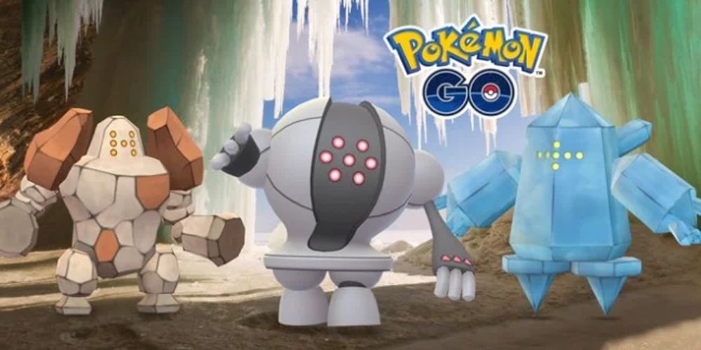 Regirock, Registeel e Regice em uma caverna, com o logotipo Pokemon Go acima deles