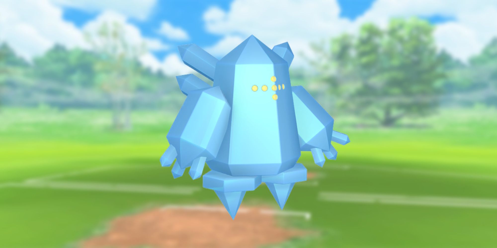 Regice de Pokemon com o campo de batalha Pokemon Go como pano de fundo