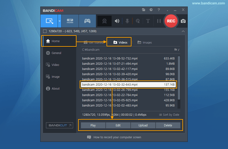 Bandicam, vídeos capturados