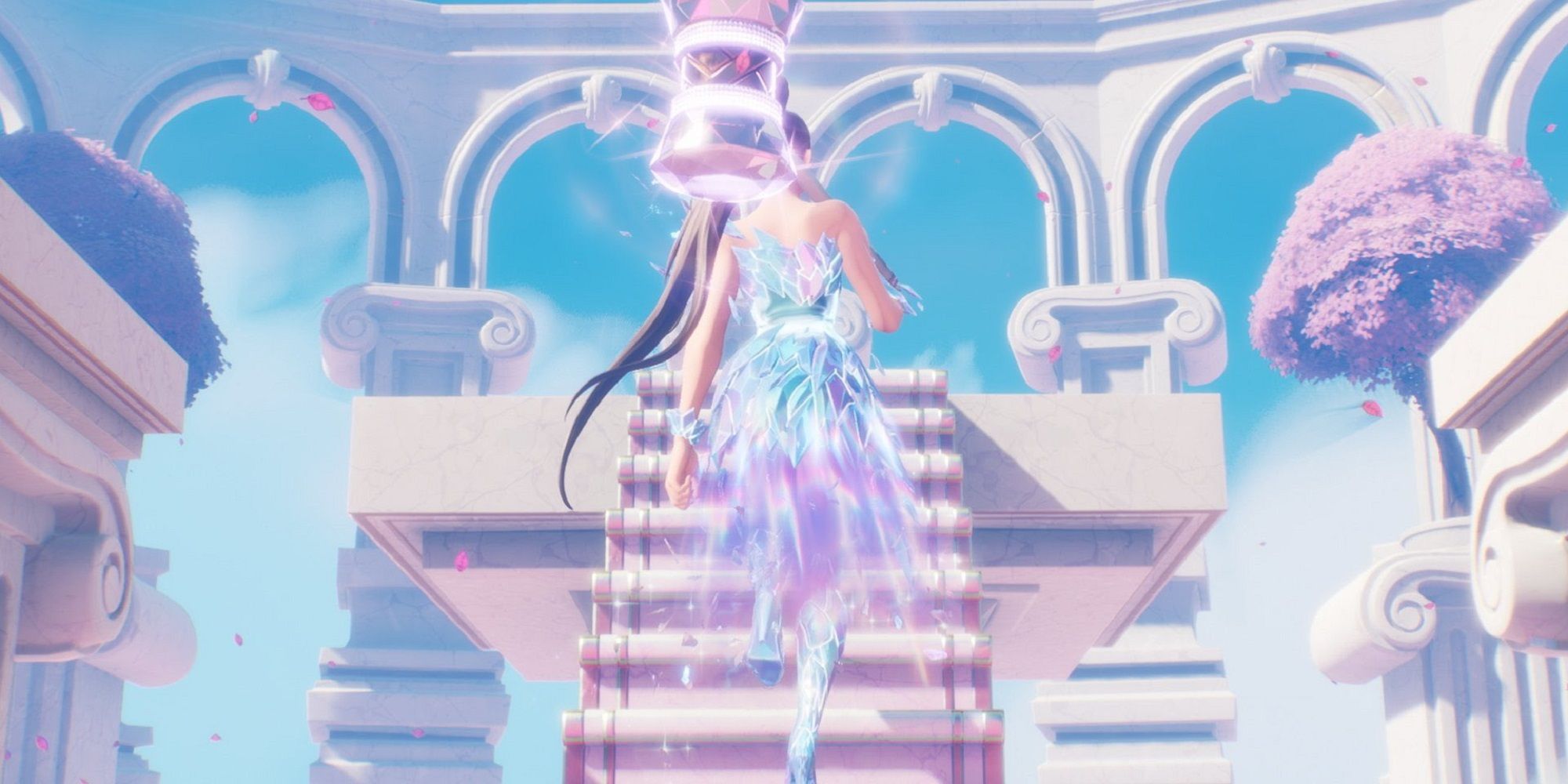 Ariana Grande subindo as escadas em Fortnite