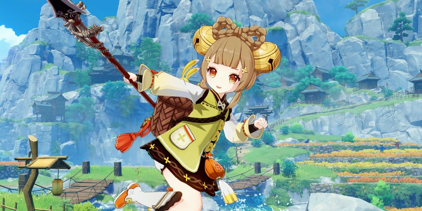 Genshin Impact's Yaoyao holding out a polearm with Liyue's mountains in the background.
