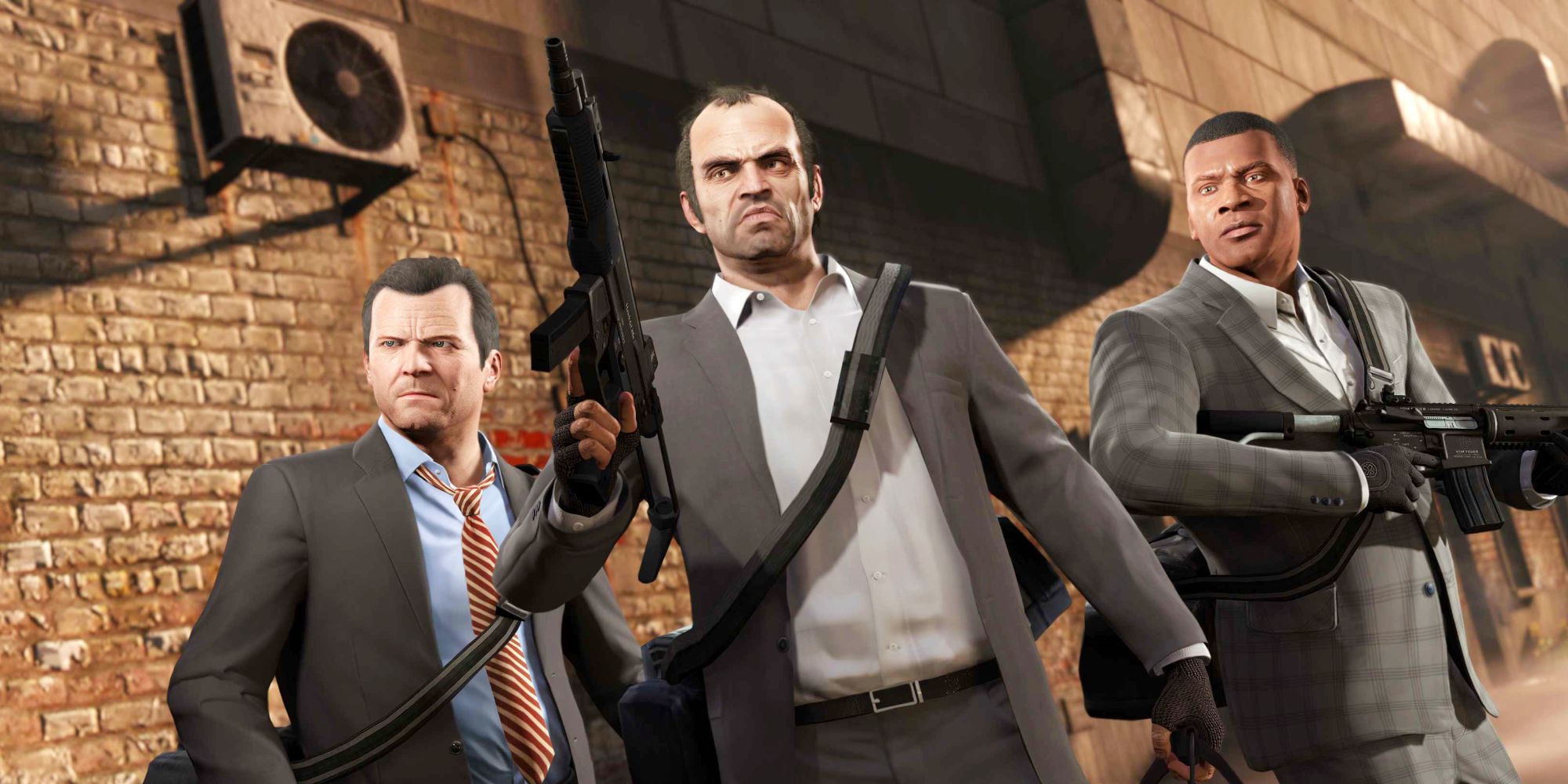 Os três protagonistas de Grand Theft Auto 5, Michael, Trevor e Franklin segurando armas