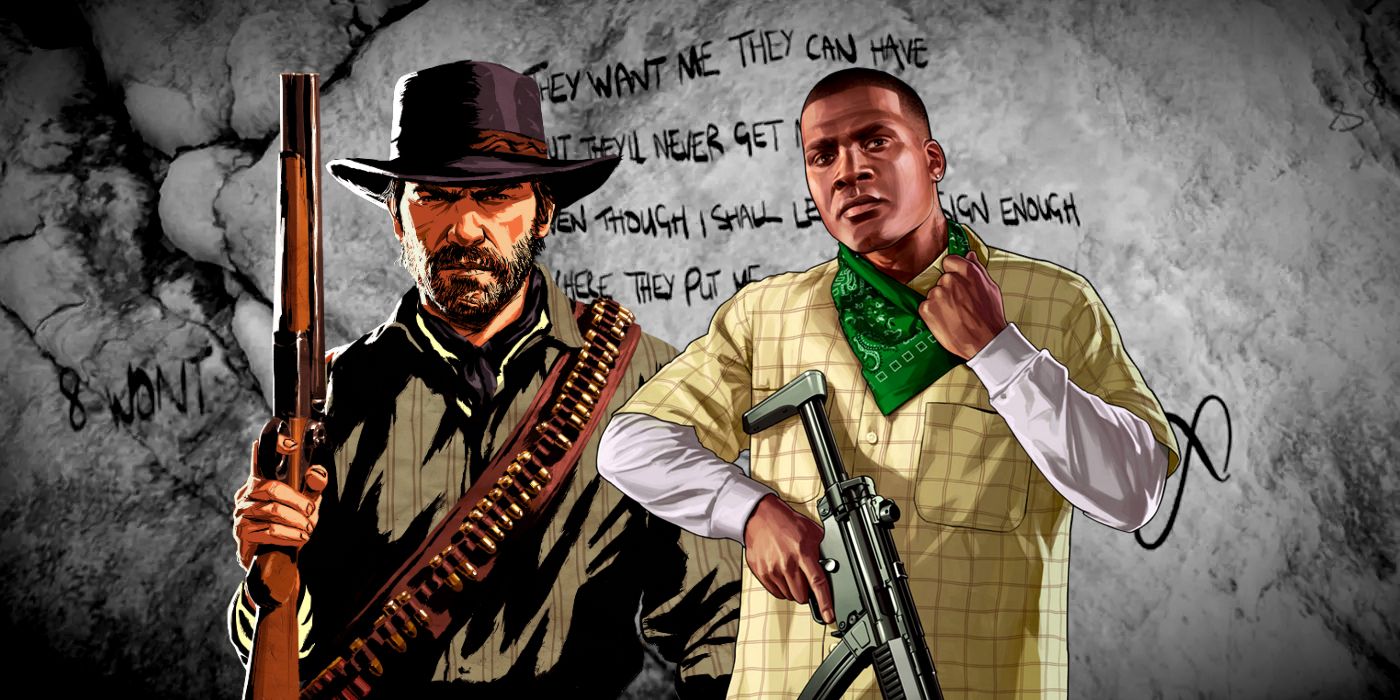 Obras de arte de Arthur Morgan de Red Dead Redemption 2 e Franklin Clinton de Grand Theft Auto 5 sobrepostas sobre uma pista deixada no mundo do jogo de GTA 5 pelo Infinity Killer.