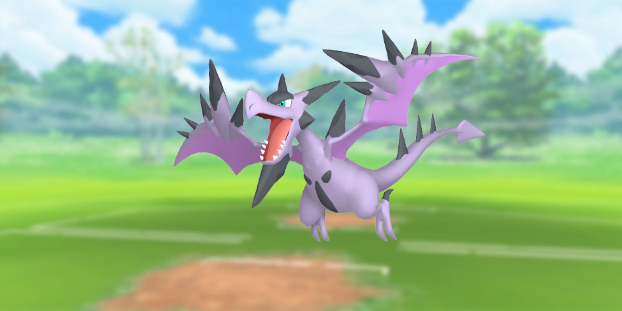 Imagem do Mega Aerodactyl com o campo de batalha do Pokémon Go ao fundo