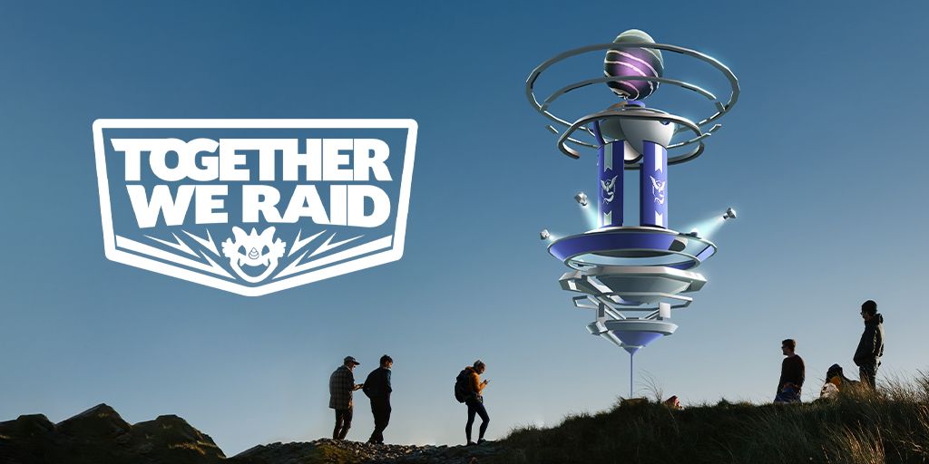 Pessoas em pé ao redor de um Pokemon Go Raid com o texto 