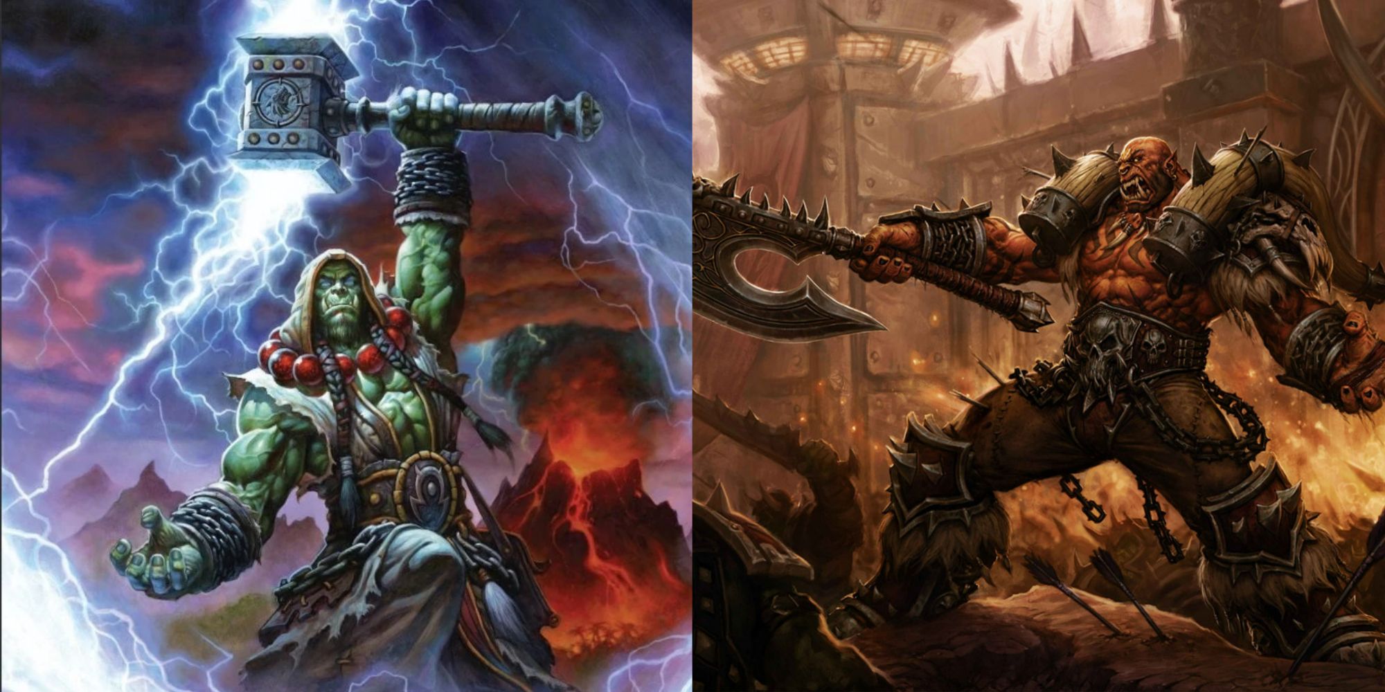 Uma imagem dividida da arte com Thrall e Garrosh Hellscream de World of Warcraft