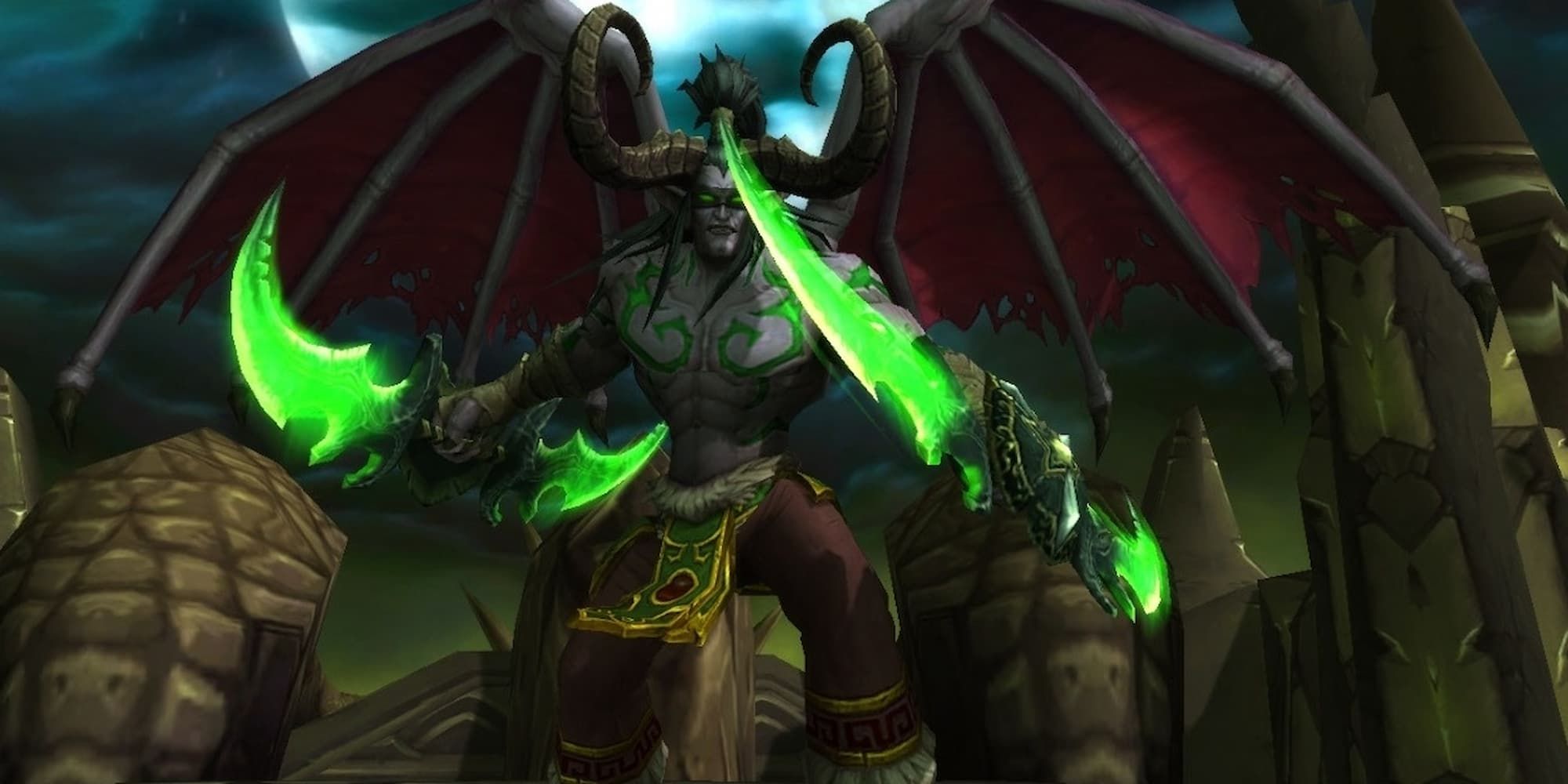 Illidan Stormrage se prepara para a batalha com duas espadas verdes de lâmina dupla em World of Warcraft
